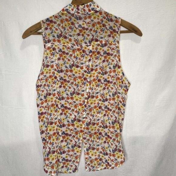 AMBIANCE APPAREL Blouse Sleeveless Sheer Tie Hi-Low Ditsy Floral Womens S White - Picture 3 of 11